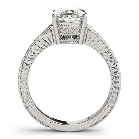 White gold Oval Cut Diamond Milgrain Pave Band Four-Prong Setting Ring
