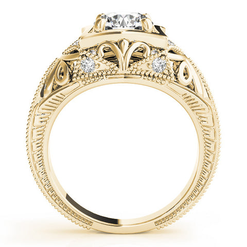 Yellow gold Round Brilliant Milgrain Filigree Solitaire with Bezel and Prong Setting