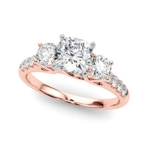 Rose gold Three-Stone Cushion Cut Diamond Pavé Band with Four-Prong Setting