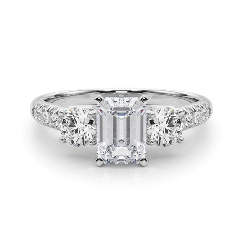 White gold Three-Stone Emerald Cut Diamond Pavé Band with Four-Prong Setting