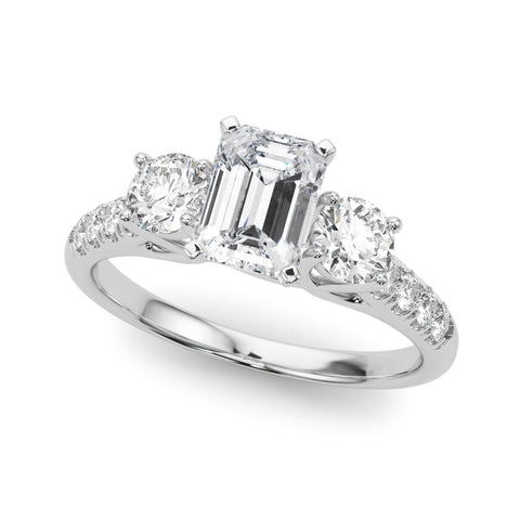 White gold Three-Stone Emerald Cut Diamond Pavé Band with Four-Prong Setting