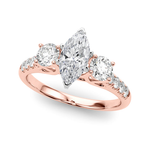 Rose gold Three-Stone Marquise Cut Diamond Pavé Band with Four-Prong Setting