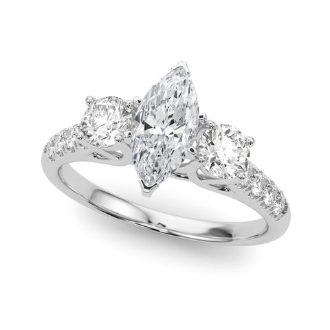 White gold Three-Stone Marquise Cut Diamond Pavé Band with Four-Prong Setting