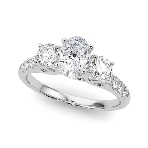 White gold Three-Stone Oval Cut Diamond Pavé Band with Four-Prong Setting