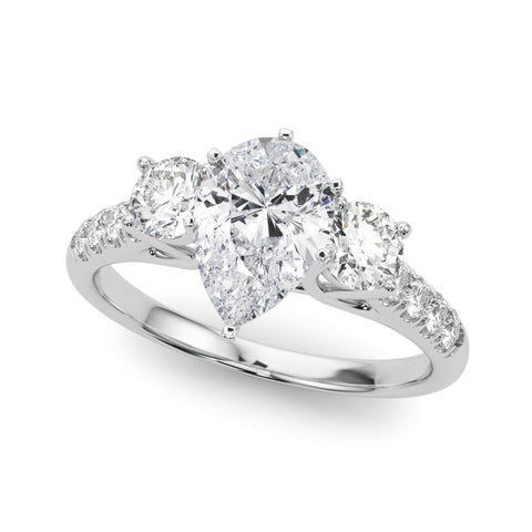 White gold Three-Stone Pear Cut Diamond Pavé Band with Four-Prong Setting