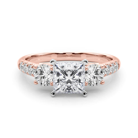 Rose gold Three-Stone Princess Cut Diamond Pavé Band with Four-Prong Setting