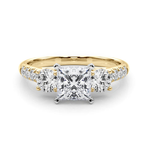 Yellow gold Three-Stone Princess Cut Diamond Pavé Band with Four-Prong Setting