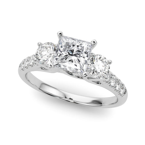 White gold Three-Stone Princess Cut Diamond Pavé Band with Four-Prong Setting