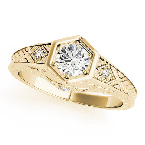 Yellow gold Hexagonal Bezel Round Diamond Engraved Band Prong Ring