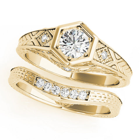 Yellow gold Hexagonal Bezel Round Diamond Engraved Band Prong Ring