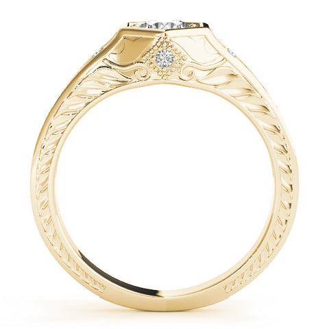 Yellow gold Hexagonal Bezel Round Diamond Engraved Band Prong Ring