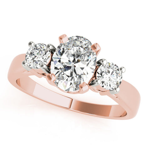 Rose gold Three-Stone Oval Diamond Ring with Round Side Stones, Classic Band, and Four-Prong Setting