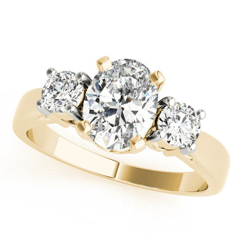 Yellow gold Three-Stone Oval Diamond Ring with Round Side Stones, Classic Band, and Four-Prong Setting