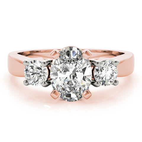 Rose gold Three-Stone Oval Diamond Ring with Round Side Stones, Classic Band, and Four-Prong Setting