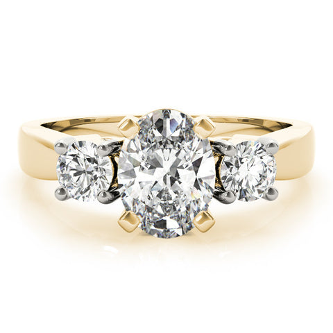 Yellow gold Three-Stone Oval Diamond Ring with Round Side Stones, Classic Band, and Four-Prong Setting