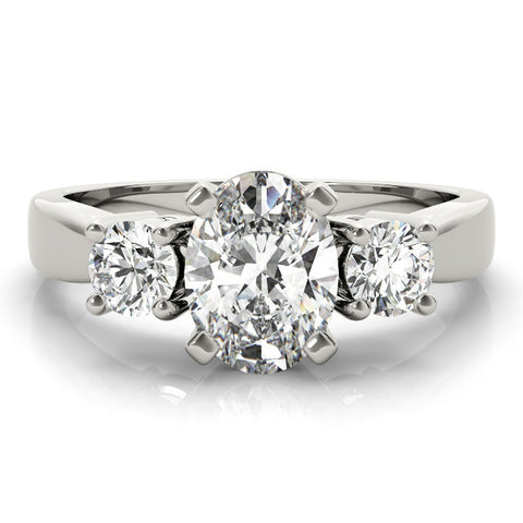 White gold Three-Stone Oval Diamond Ring with Round Side Stones, Classic Band, and Four-Prong Setting