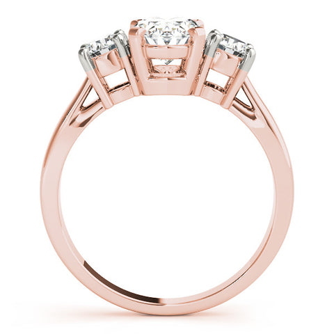 Rose gold Three-Stone Oval Diamond Ring with Round Side Stones, Classic Band, and Four-Prong Setting