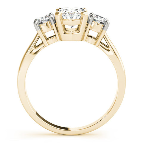 Yellow gold Three-Stone Oval Diamond Ring with Round Side Stones, Classic Band, and Four-Prong Setting