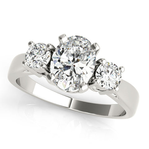 White gold Three-Stone Oval Diamond Ring with Round Side Stones, Classic Band, and Four-Prong Setting