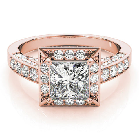 Rose gold Princess Cut Halo Split Shank Engagement Ring with Four-Prong Setting