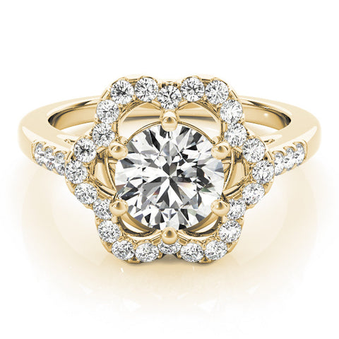Yellow gold Round Diamond Floral Halo Split Shank Prong Setting Ring