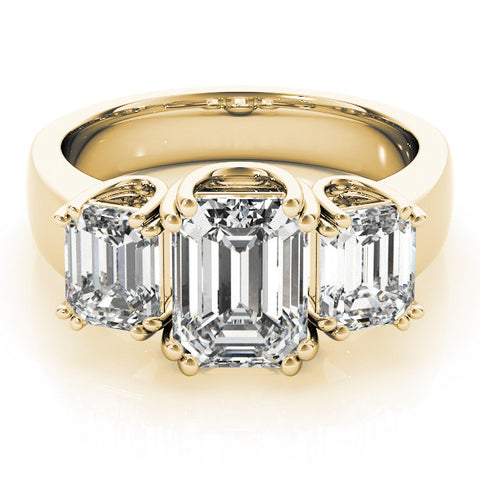 Yellow gold Three-Stone Emerald Cut Diamond Ring with Channel Set Band and Four-Prong Setting