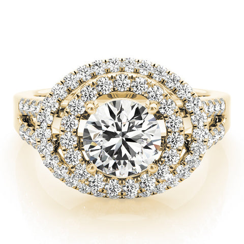Yellow gold Double Halo Round Diamond Split Shank Prong Setting Ring