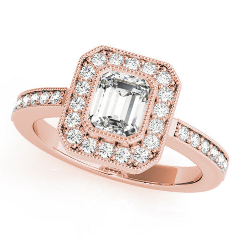 Rose gold Emerald Cut Halo Diamond Ring with Pavé Band and Milgrain Prong Setting