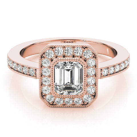 Rose gold Emerald Cut Halo Diamond Ring with Pavé Band and Milgrain Prong Setting
