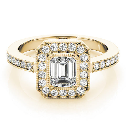 Yellow gold Emerald-Cut Halo Diamond Ring with Pavé Band and Milgrain Prong Setting
