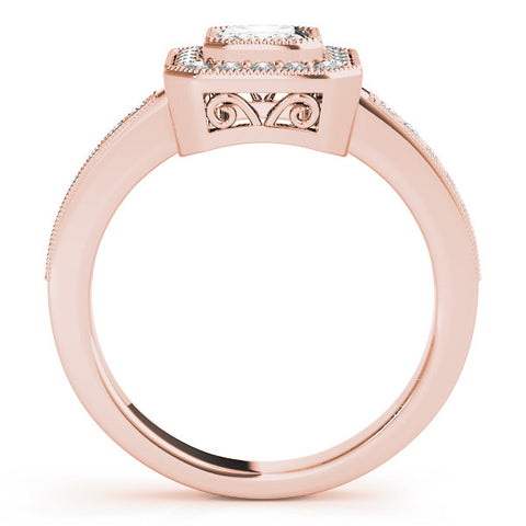 Rose gold Emerald Cut Halo Diamond Ring with Pavé Band and Milgrain Prong Setting