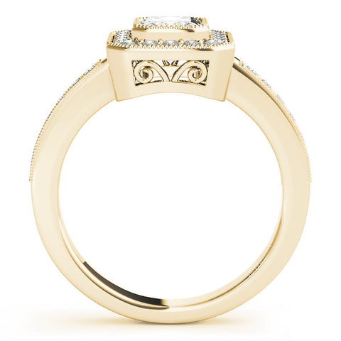 Yellow gold Emerald Cut Halo Diamond Ring with Pavé Band and Milgrain Prong Setting