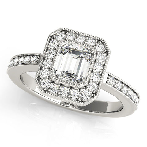 White gold Emerald Cut Halo Diamond Ring with Pavé Band and Milgrain Prong Setting