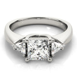 14K White Gold Three-Stone 4.03 Carat F VS1 Princess Cut Diamond Ring with Trillion Side Stones and Four-Prong Setting