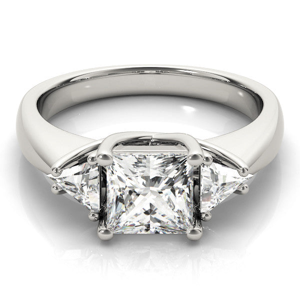 14K White Gold Three-Stone 4.03 Carat F VS1 Princess Cut Diamond Ring with Trillion Side Stones and Four-Prong Setting
