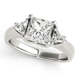 14K White Gold Three-Stone 4.03 Carat F VS1 Princess Cut Diamond Ring with Trillion Side Stones and Four-Prong Setting