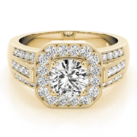 Yellow gold Round Halo Diamond Engagement Ring with Pave Split Shank and Four-Prong Setting