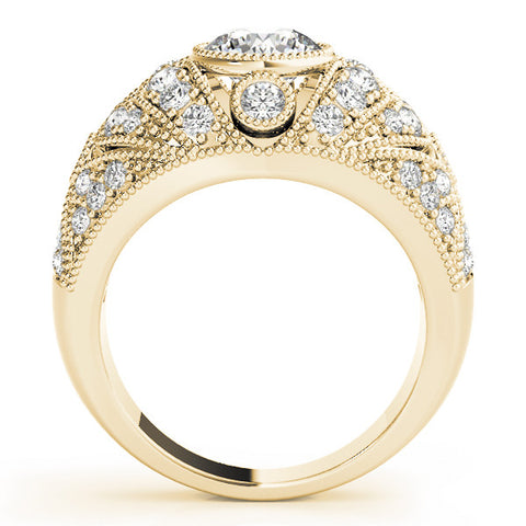 Yellow gold Round Brilliant Halo Pave Diamond Milgrain Ring