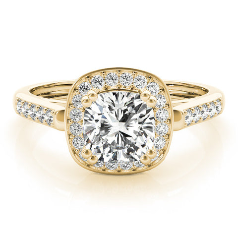 Yellow gold Cushion Halo Diamond Ring with Split Shank and Four-Prong Setting