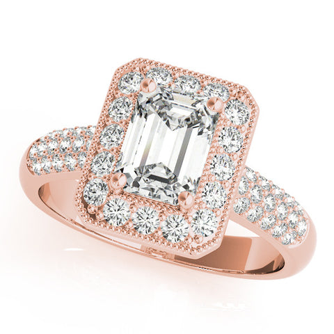 Rose gold Emerald Cut Halo Diamond Pave Band with Four-Prong Setting