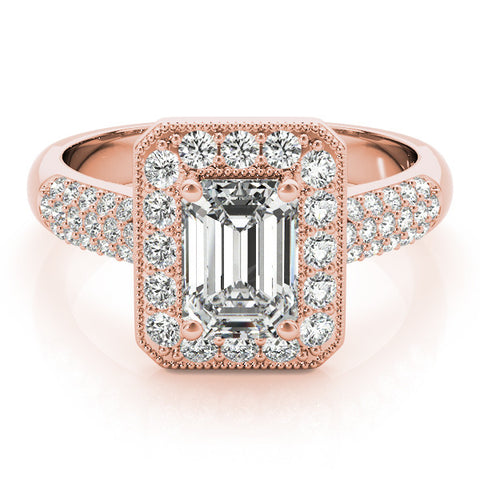 Rose gold Emerald Cut Halo Diamond Pave Band with Four-Prong Setting