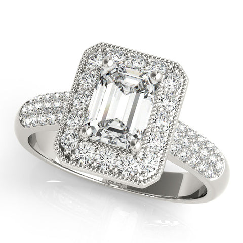 White gold Emerald Cut Halo Diamond Pave Band with Four-Prong Setting