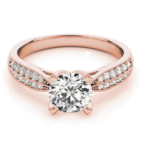 Rose gold Round Solitaire Diamond Ring with Milgrain Pavé Band and Four-Prong Setting