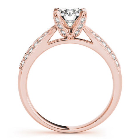 Rose gold Round Solitaire Diamond Ring with Milgrain Pavé Band and Four-Prong Setting