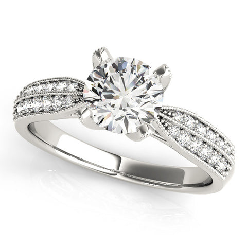 White gold Round Solitaire Diamond Ring with Milgrain Pavé Band and Four-Prong Setting