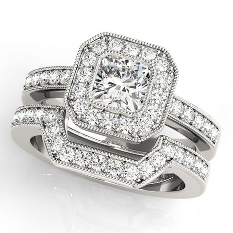 White gold Cushion-Cut Diamond Halo Engagement Ring with Pave Band and Prong Setting