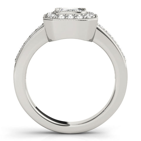 White gold Cushion-Cut Diamond Halo Engagement Ring with Pave Band and Prong Setting