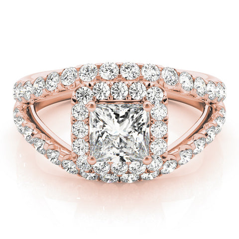 Rose gold Princess Cut Halo Split Shank Ring with Four-Prong Setting