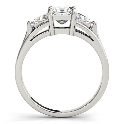 White gold Three-Stone Princess Cut Diamond Ring with Trillion Side Stones on a Split Shank Band