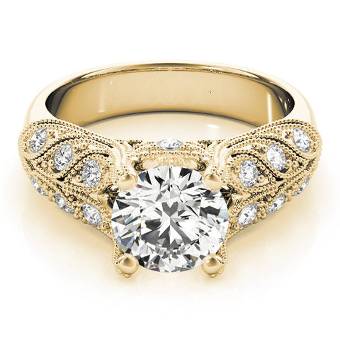 Yellow gold Round Cut Milgrain Pave Diamond Engagement Ring with Four-Prong Setting